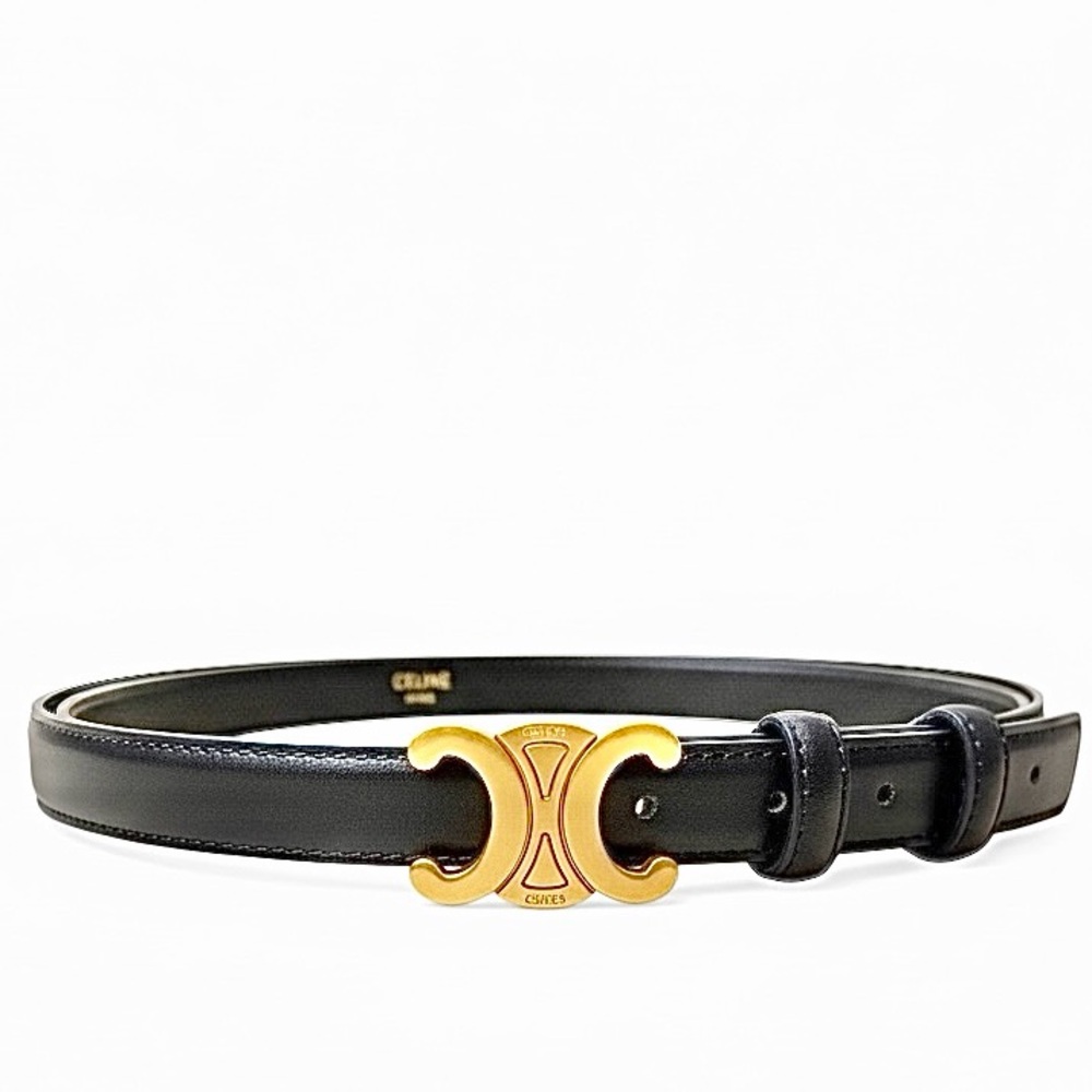 AUTH! Celine Triomphe Black Leather Belt with Gold Double C Buckle 110cm